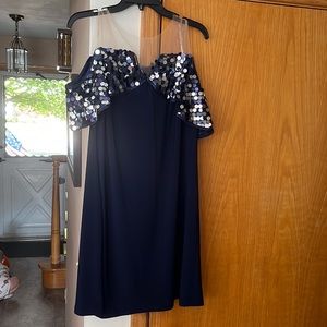 Navy, Sheer straps, off the shoulder sequins cocktail dress